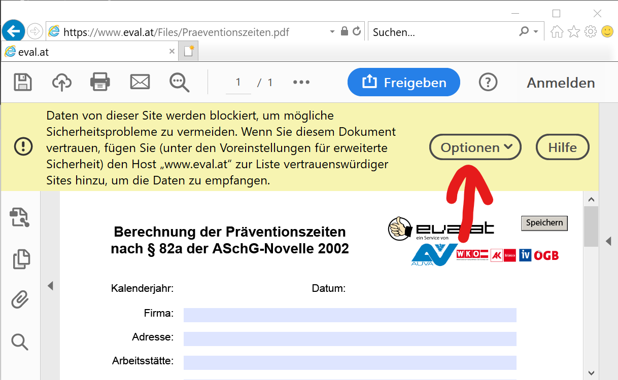 Screenshot des leeren PDF Formulars nach Anklicken des Rufzeichens